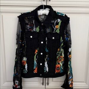 Adore Floral Embroidered & lace Denim Black Jacket
